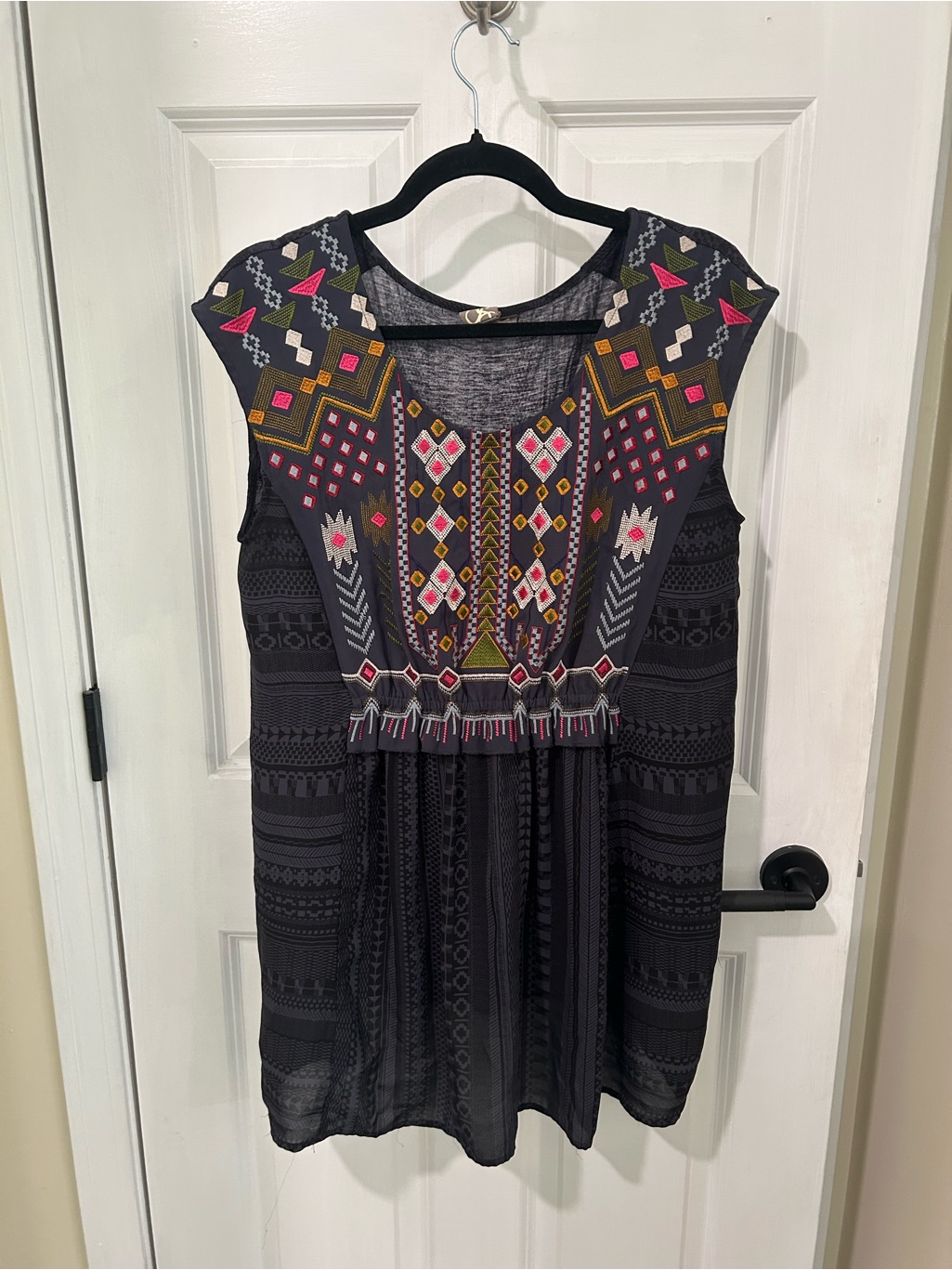 Anthropologie Black Sleeveless Embroidered Mini Top With Multicolor Accents